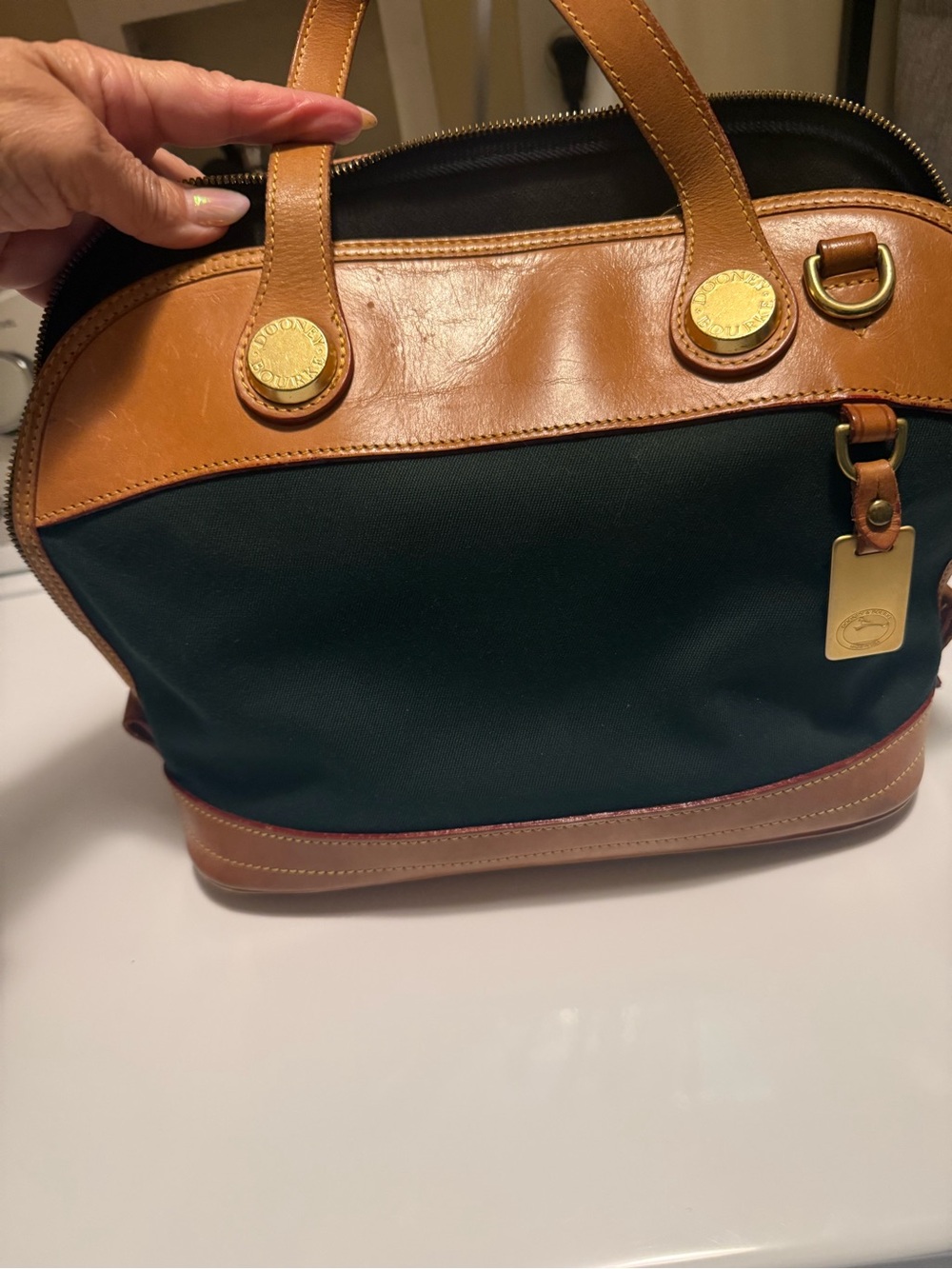 Dooney & Bourke Green Canvas Satchel with Tan Leather Trim